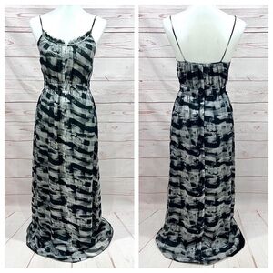 Vintage Y2K Theory Geometric Abstract Newsprint Silk Keyhole Maxi Dress